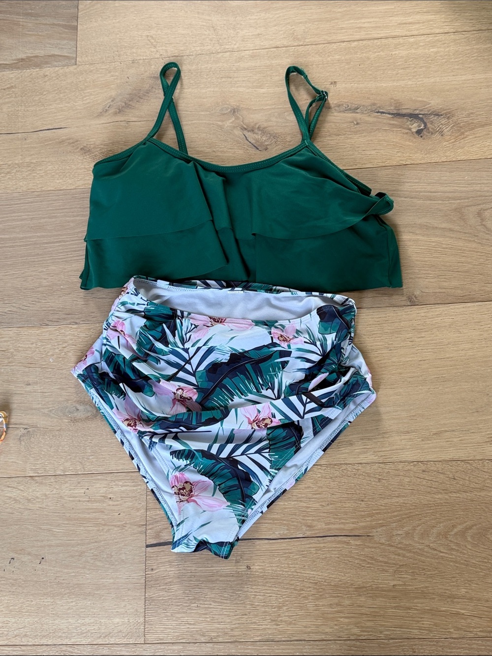 Green Ruffle Bikini Top with Tropical High-Waist Bottoms
